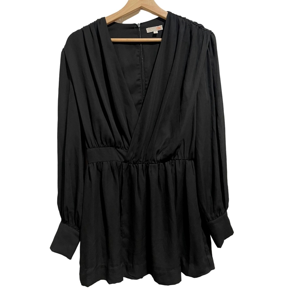 GB Black Long Sleeve Pleated Surplice V-Neck Romper Party‎ Cocktail Size S G1
